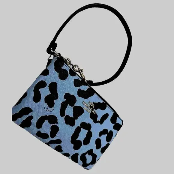 Coach Ocelot Print Grossgrain Leather Corner Zip Wristlet, Blue, Black, 41-15